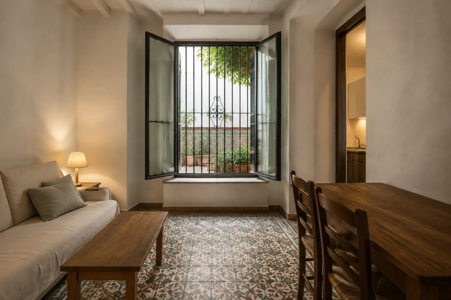 Apartamento reformado con suelo hidráulico y una ventana con reja que da a un patio