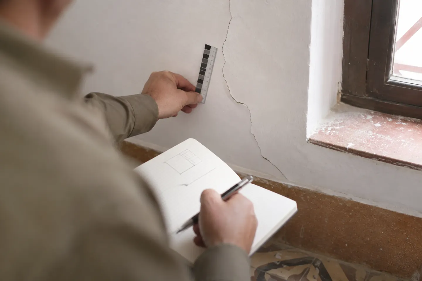 Arquitecto revisando una fisura interior con escala neutra y libreta