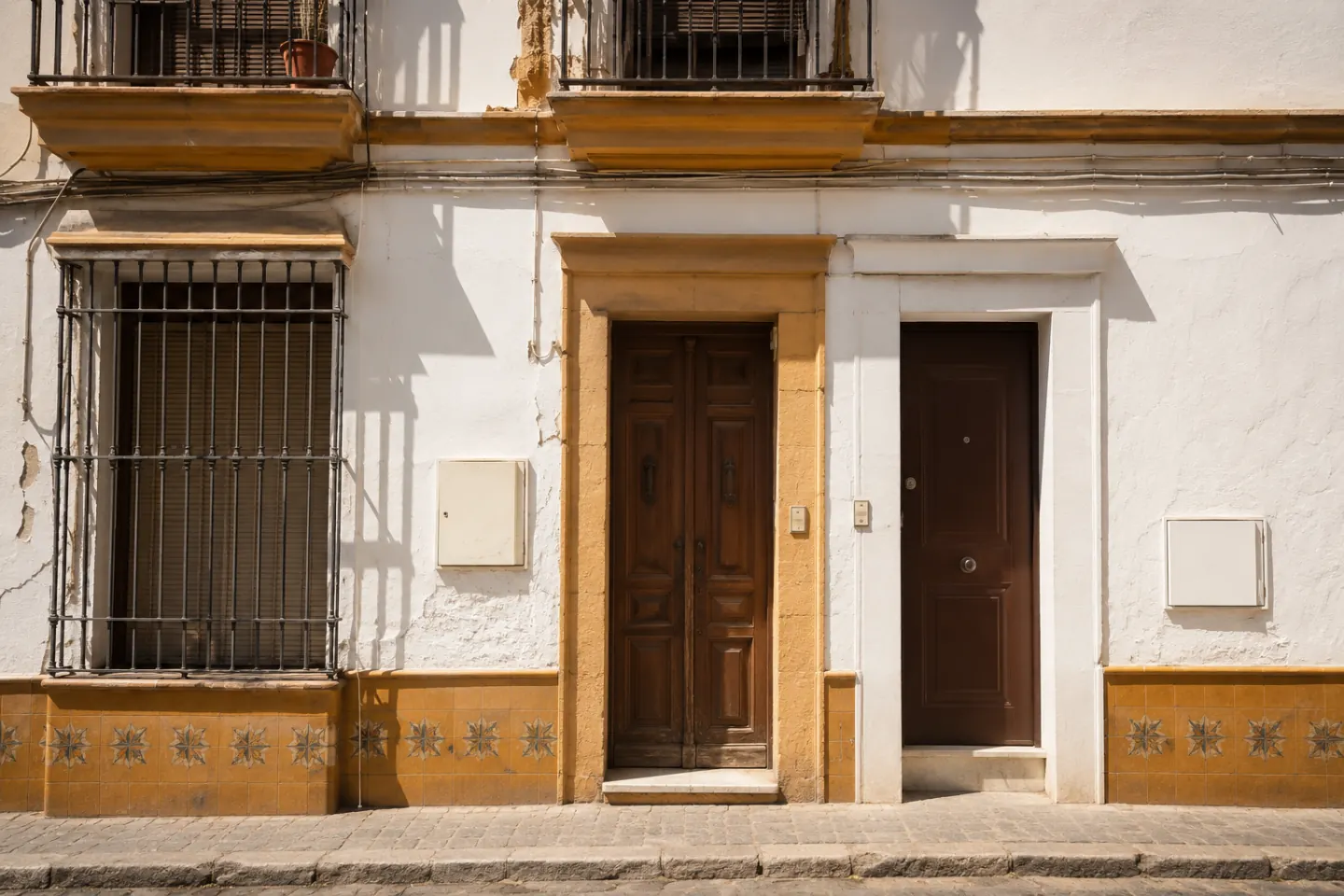 Fachada encalada de una casa con dos puertas de acceso independientes y contadores separados