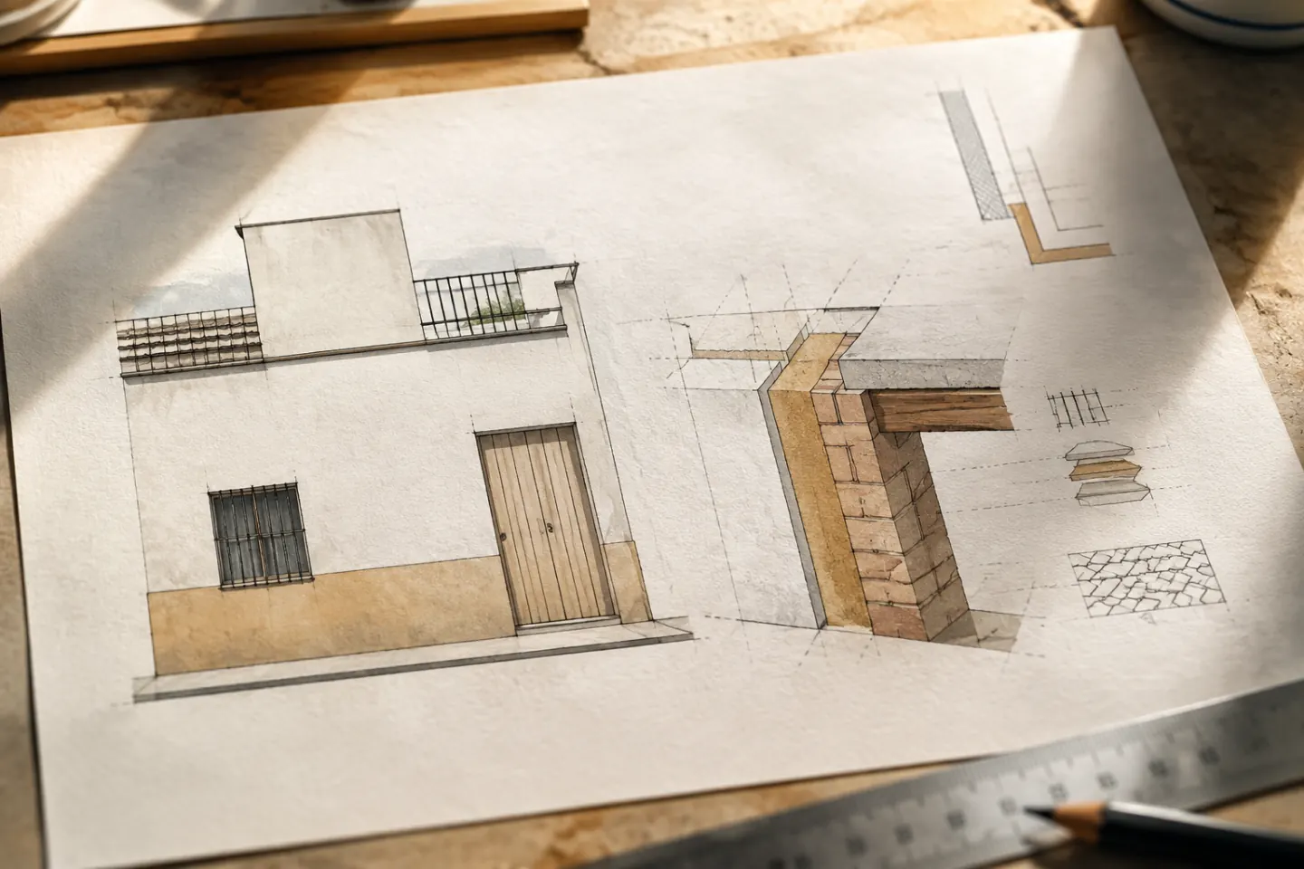 Comparación visual entre plano general y detalle constructivo, sin cajetín real ni dirección