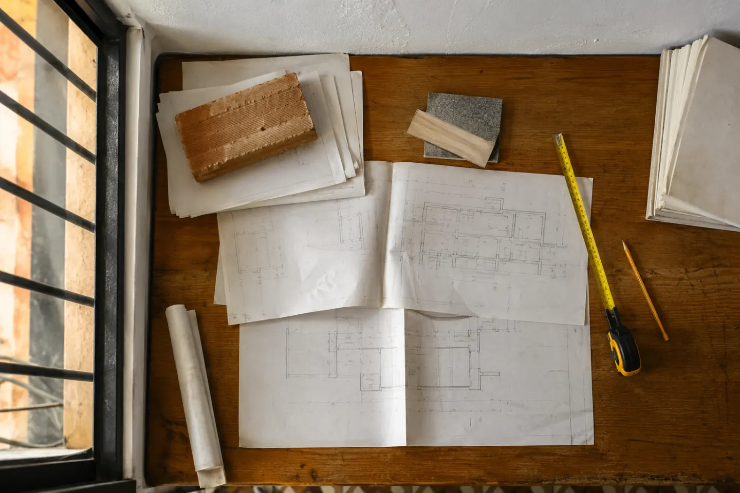 Detalle de documentación y cinta métrica sobre mesa de trabajo