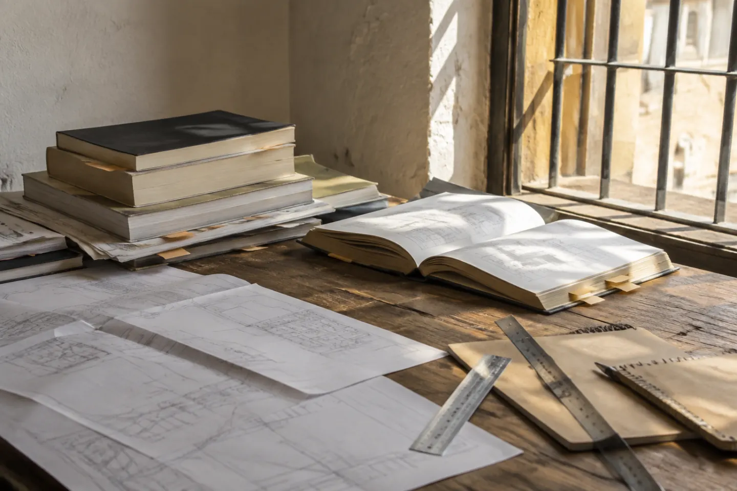 Documentación técnica, planos y pestañas de consulta sobre una mesa de estudio