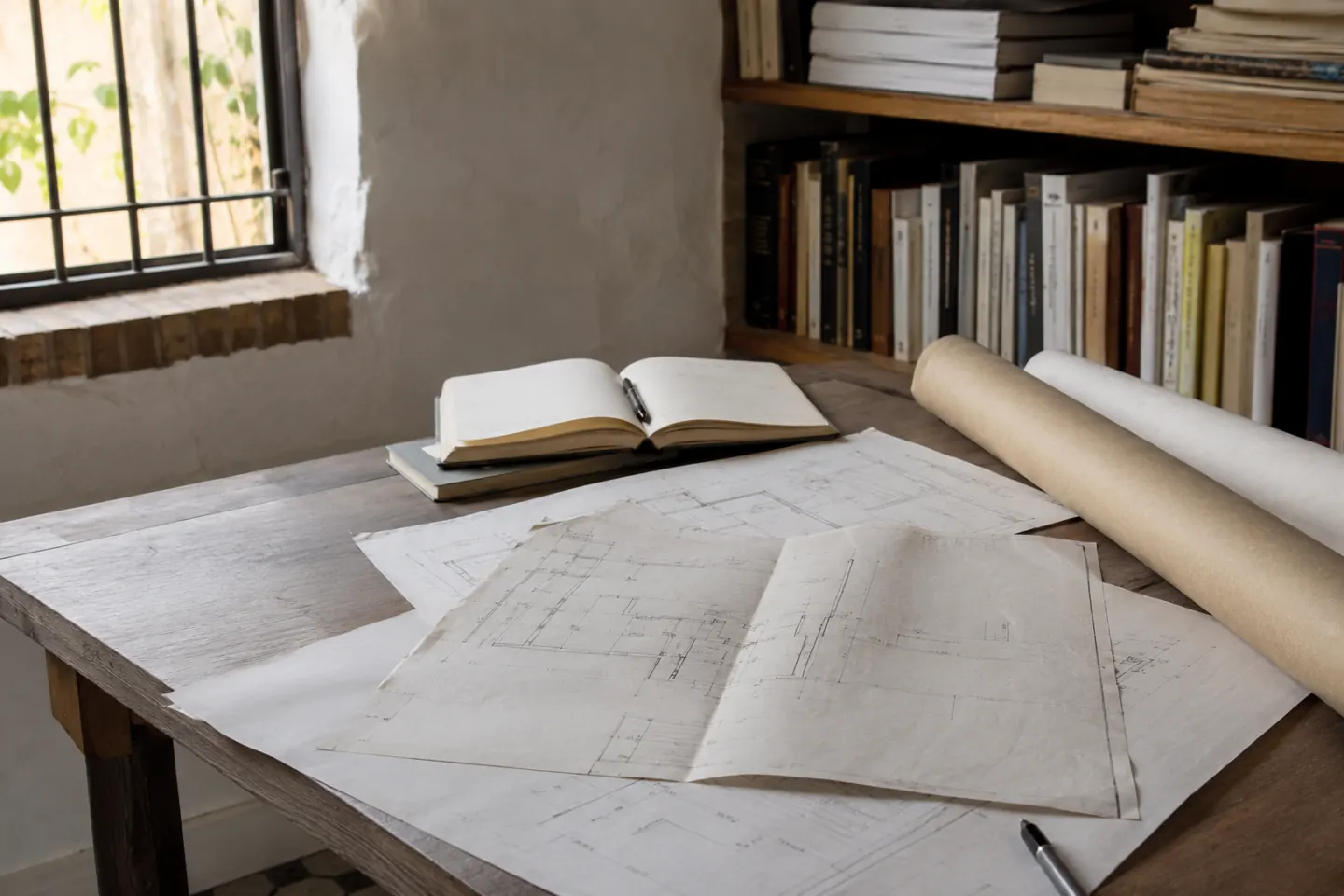 Estante de estudio con tomos de normativa urbanística, planos enrollados y una libreta abierta