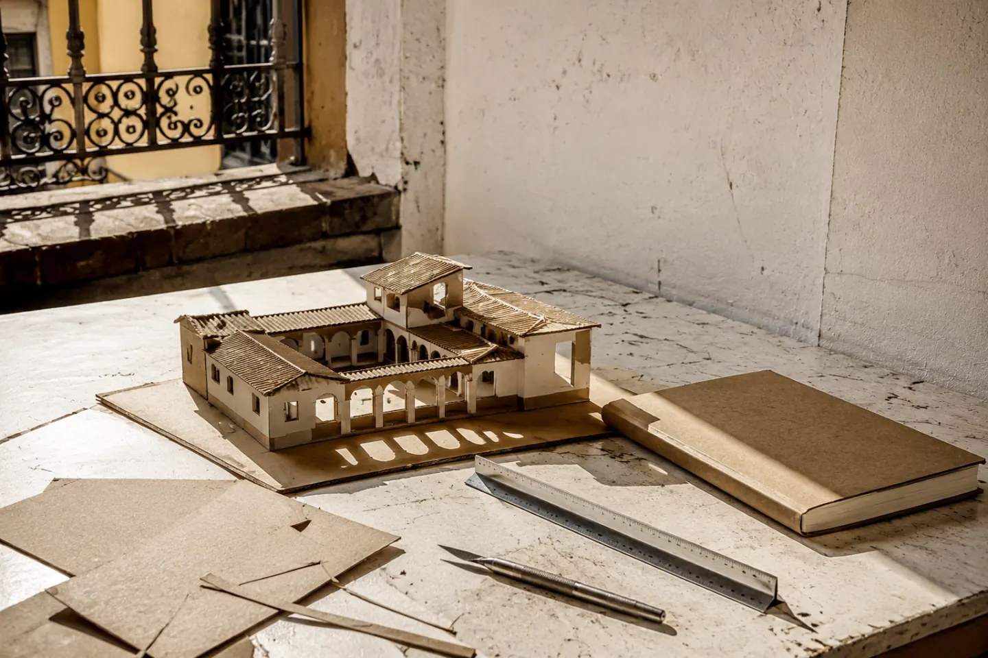 Maqueta de cartón de una vivienda sobre la mesa del estudio, junto a un escalímetro y un cuaderno