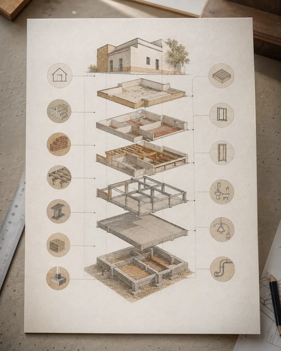 Infografía de capítulos de obra desde cimentación hasta instalaciones con iconos técnicos