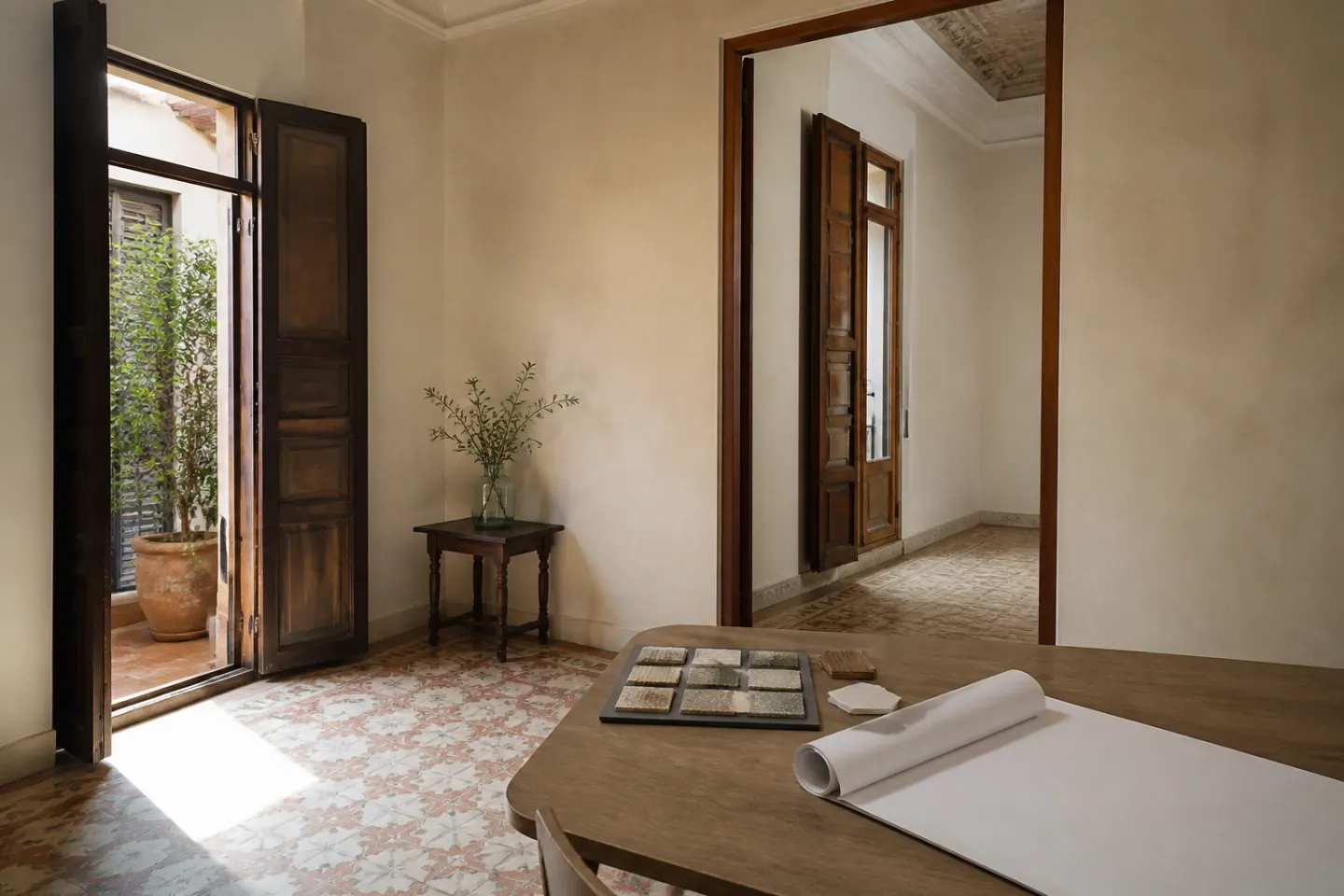 Estancia sevillana con suelo hidráulico, carpinterías de madera y muestras de materiales sobre una mesa
