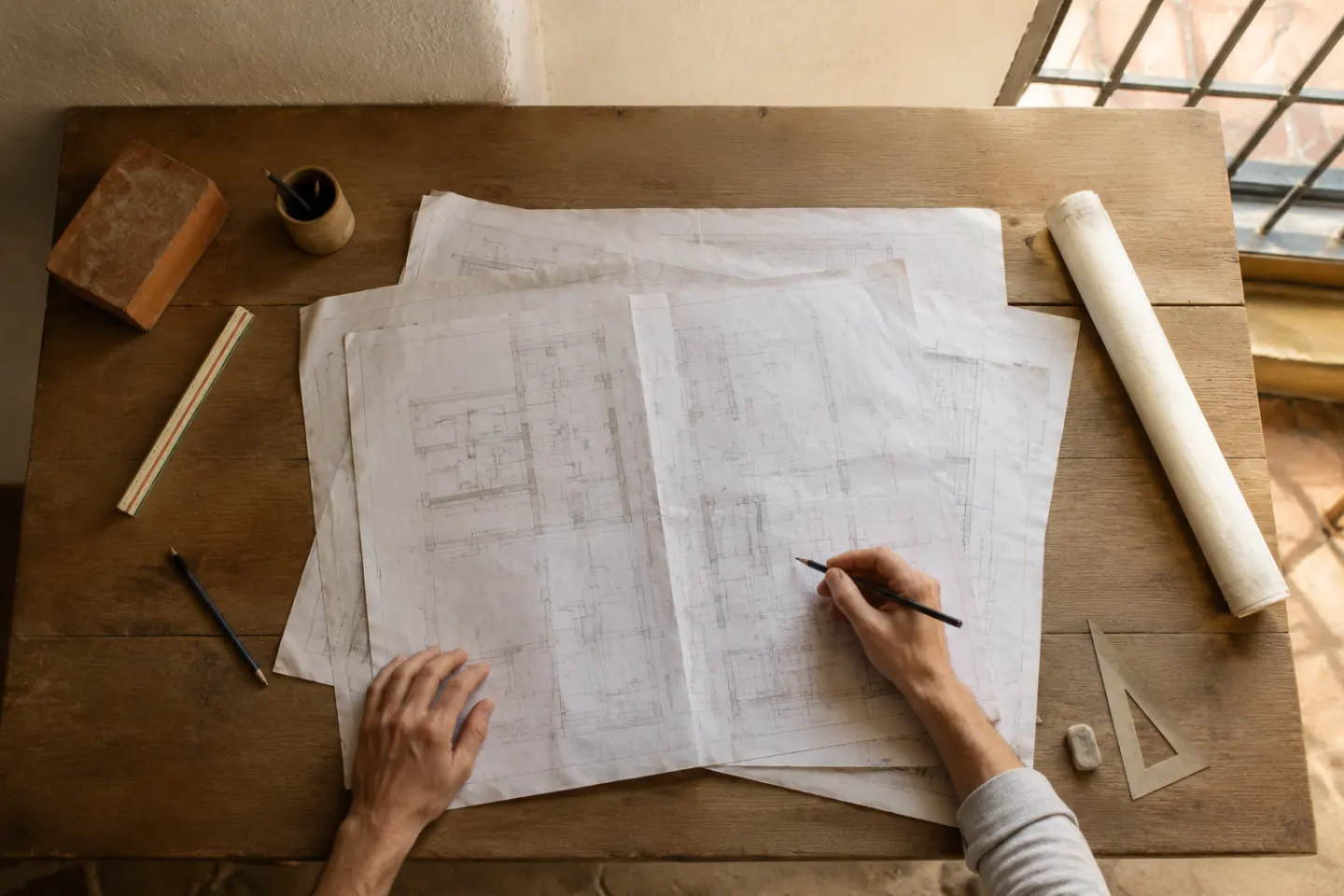 Manos revisando planos de vivienda sin logos ni datos personales