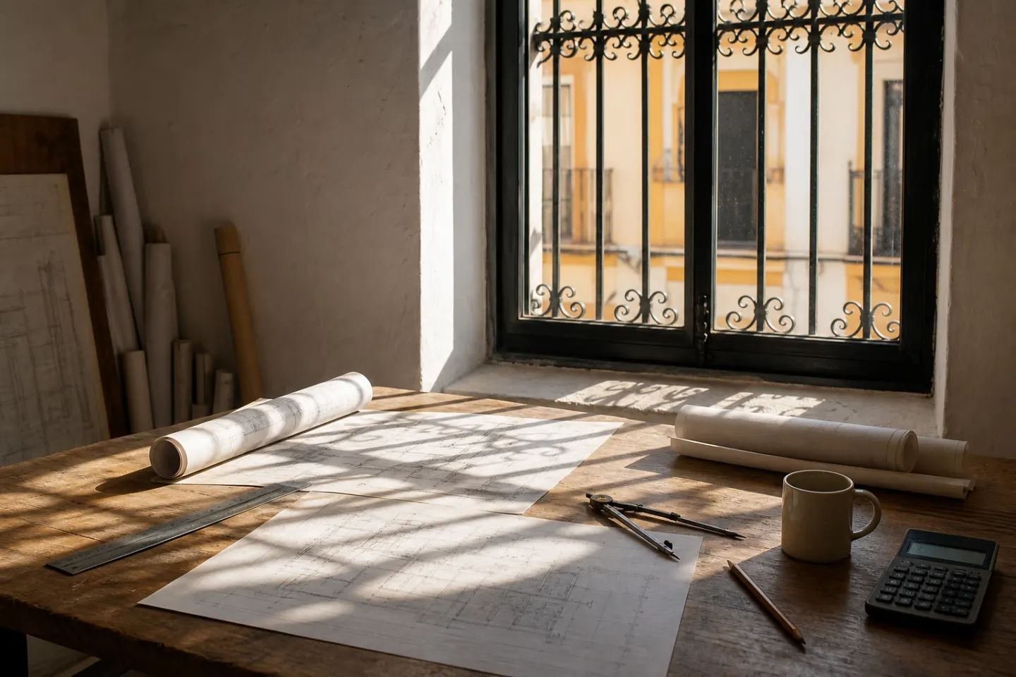 Mesa de trabajo con planos enrollados, escalímetro y calculadora junto a una ventana con reja