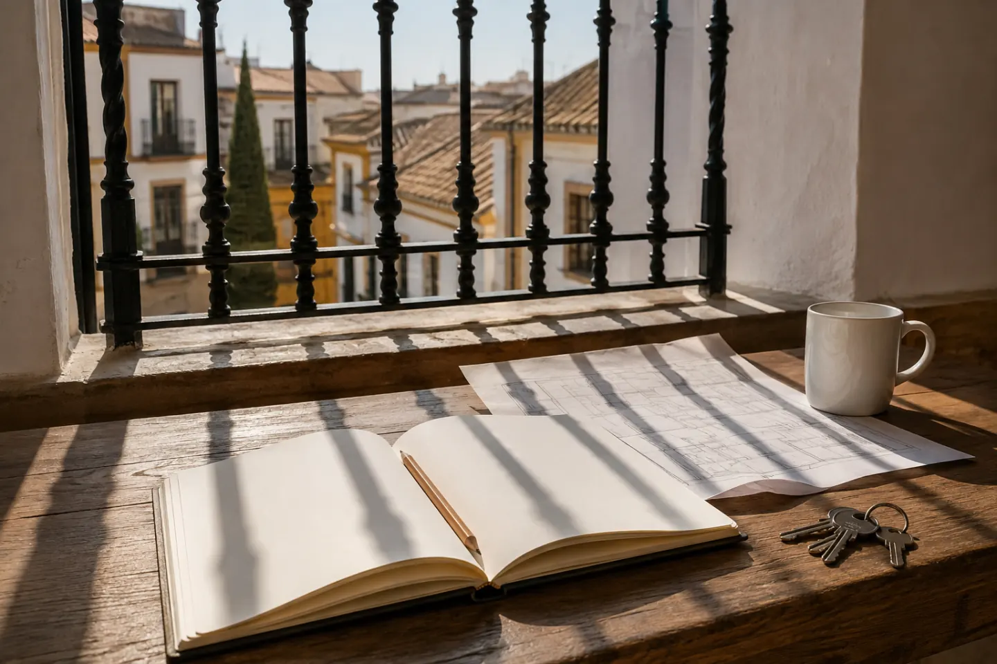 Cuaderno abierto en blanco, lápiz y un plano de situación doblado sobre una mesa junto a la ventana