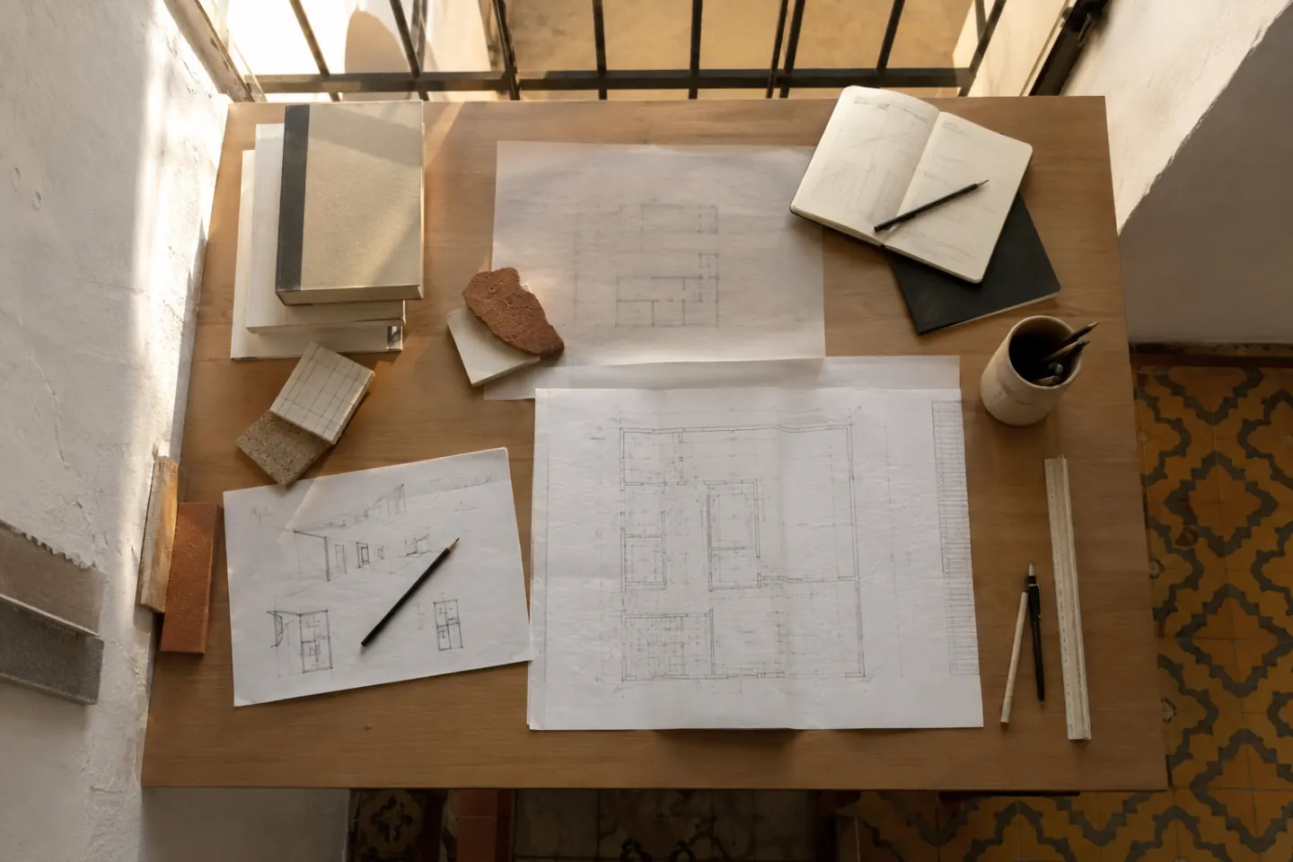 Mesa de trabajo con esquemas iniciales, memoria y plano técnico