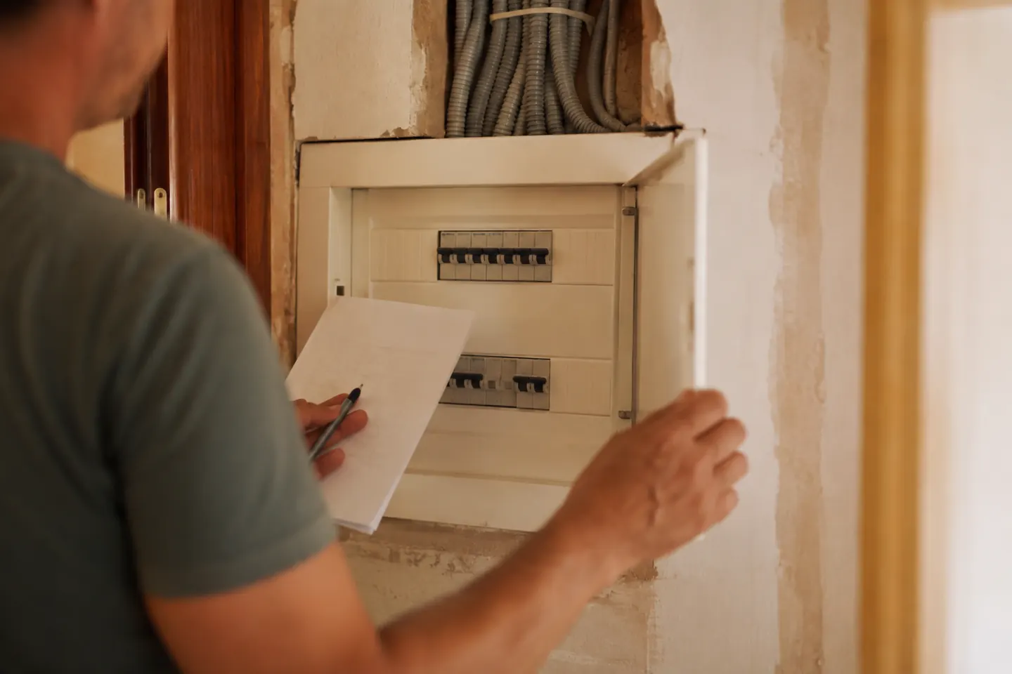 Núcleo de instalaciones domésticas representado con conductos y cuadro cerrado sin marcas