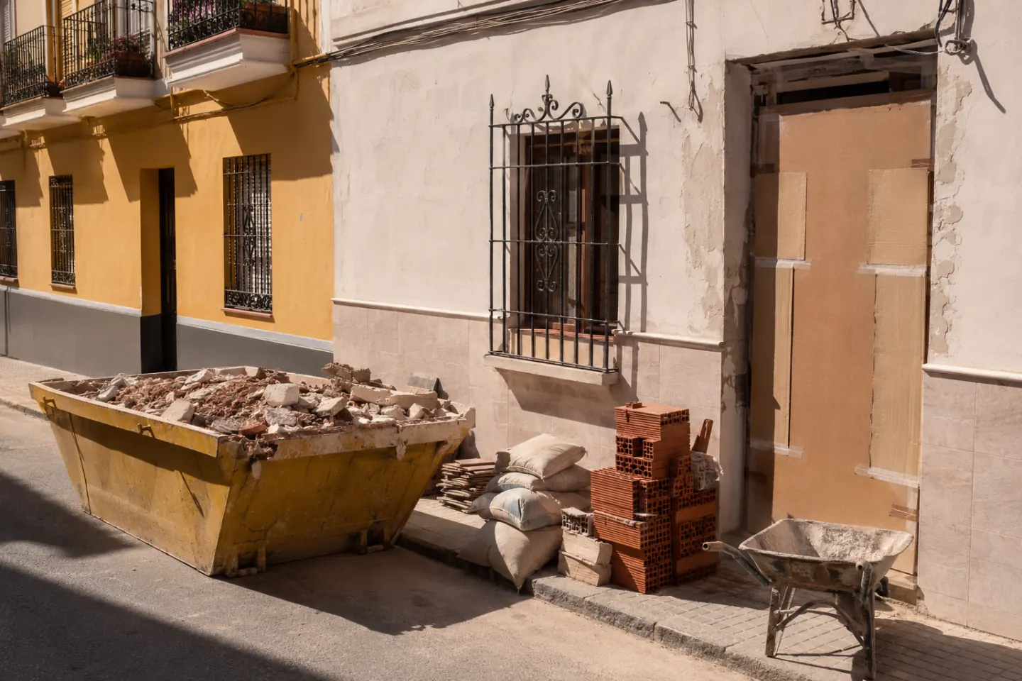 Contenedor de escombro y material de obra frente al portal de una casa encalada