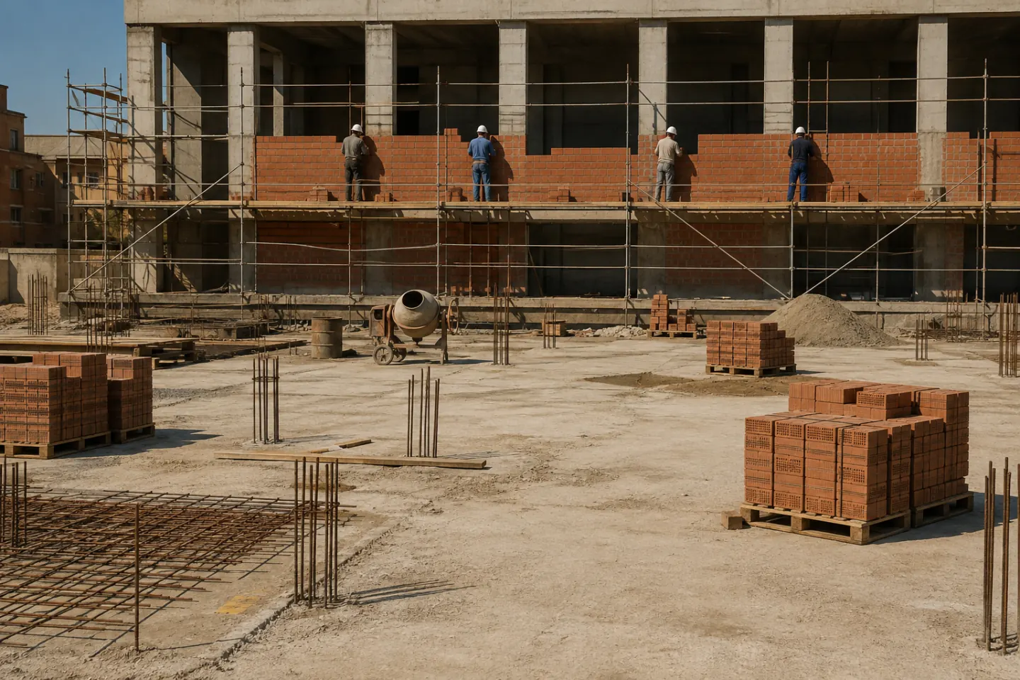 Obra con varios oficios trabajando a la vez: encofrado, albañilería y montaje de andamio