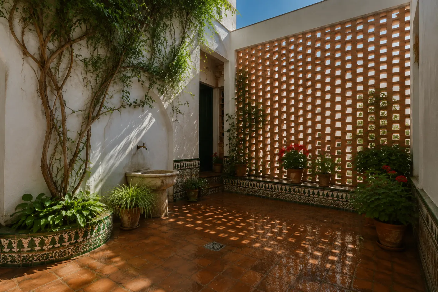 Patio interior en sombra con celosía de ladrillo, planta trepadora y suelo de barro húmedo