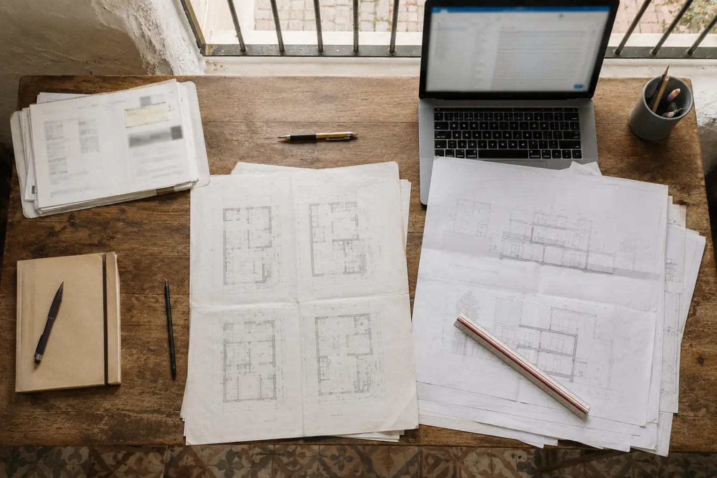 Planos de un edificio residencial y documentación técnica sobre una mesa, con una página oficial desenfocada en la pantalla