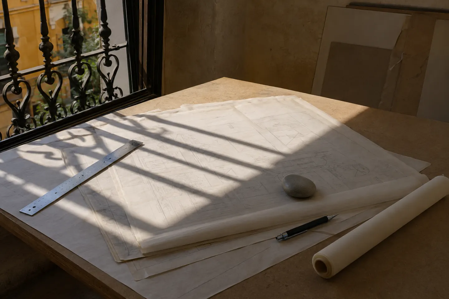 Planos desplegados sobre una mesa junto a una ventana con reja, con el sello de la luz en el papel