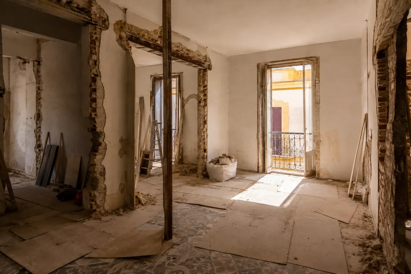 Interior de un piso antiguo en obra, con tabiques derribados y el suelo hidráulico protegido