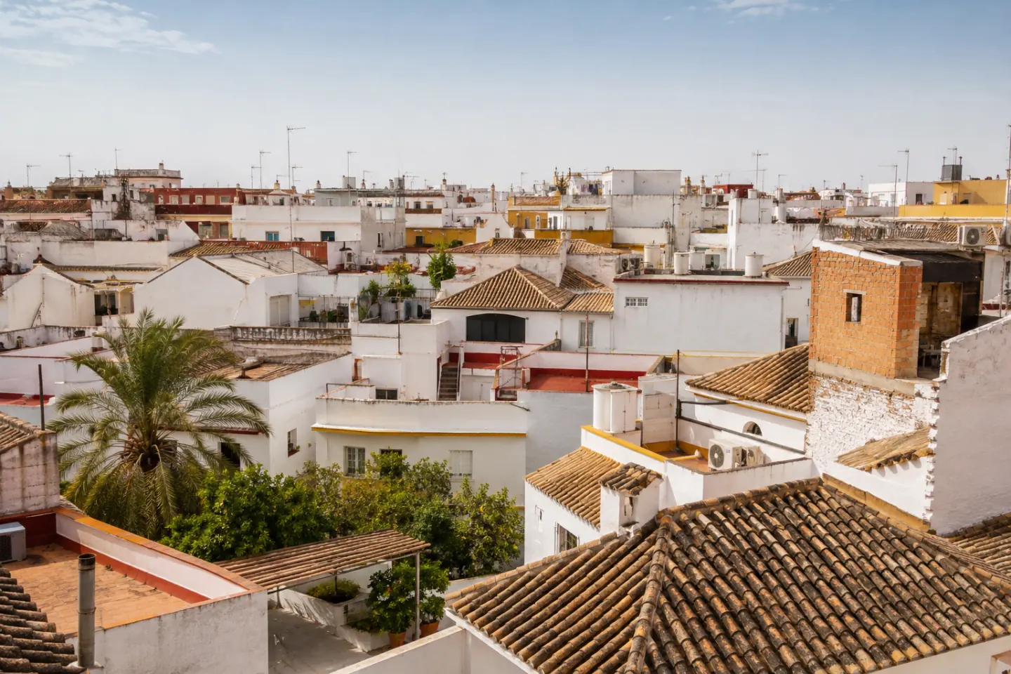 Panorámica de tejados de teja árabe y azoteas planas de un barrio, con antenas y castilletes