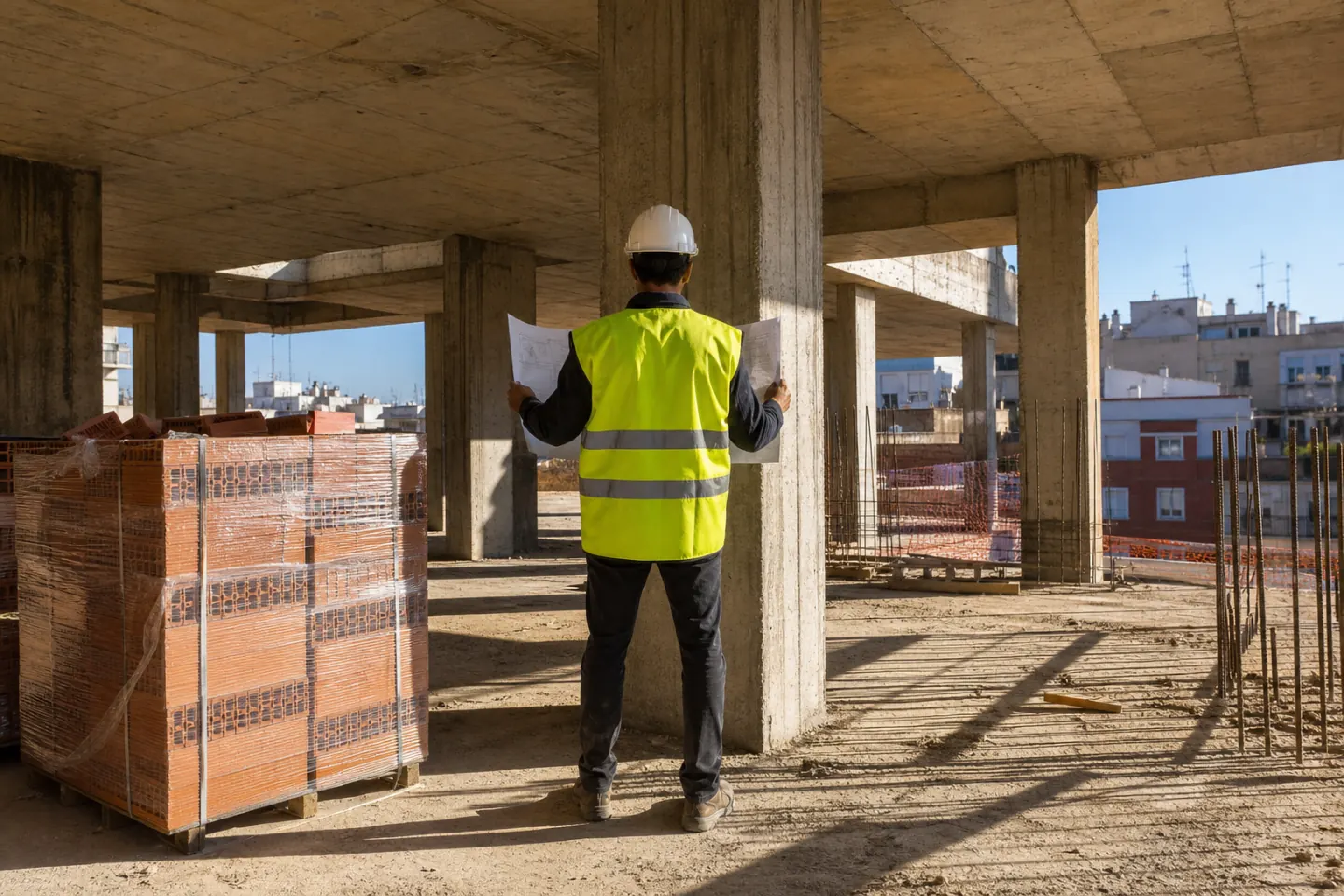 Visita a una obra en estructura de hormigón, con planos consultados sobre el forjado